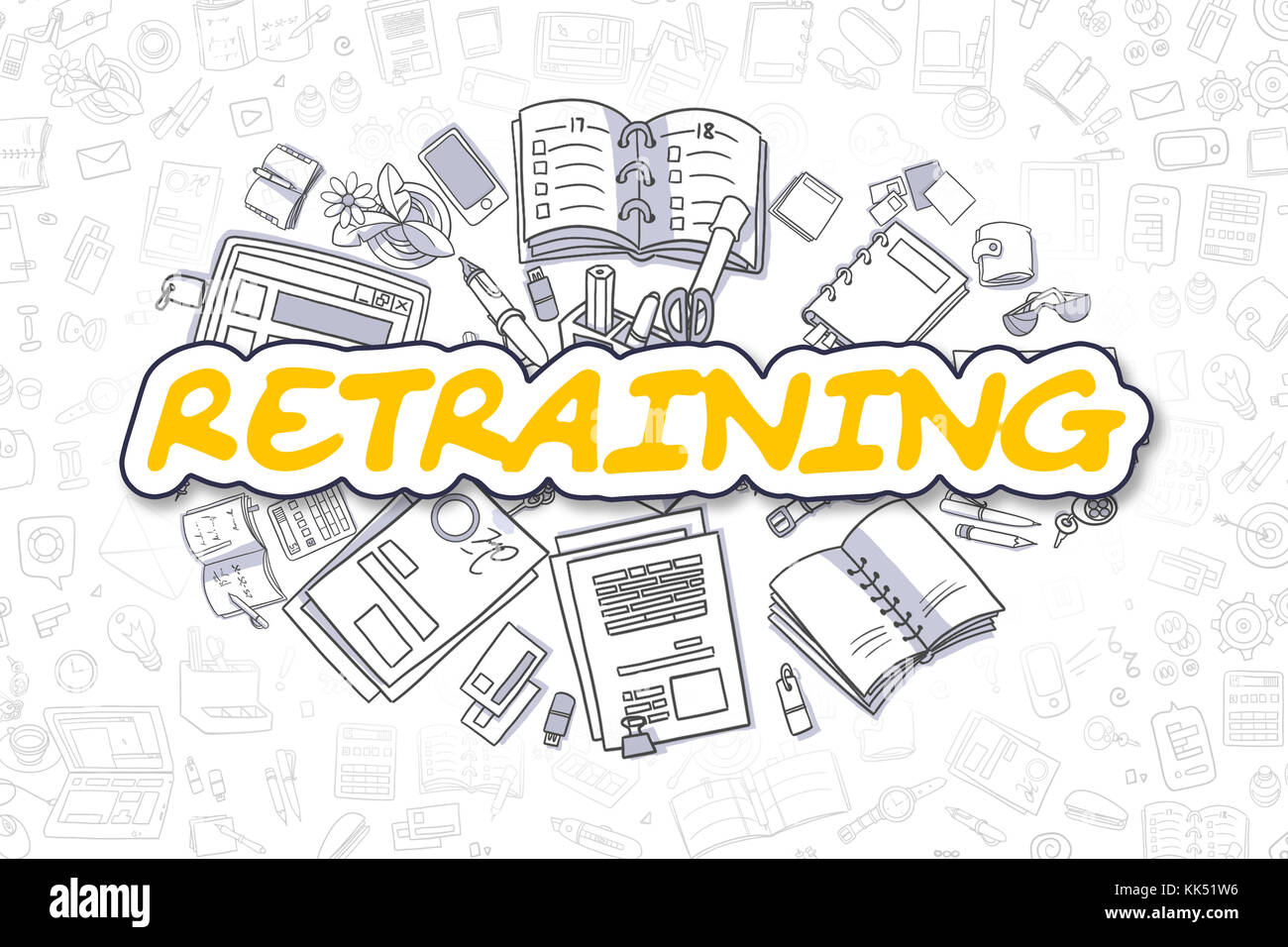 Retraining - Doodle Yellow Word. Business Concept. Stock Photo