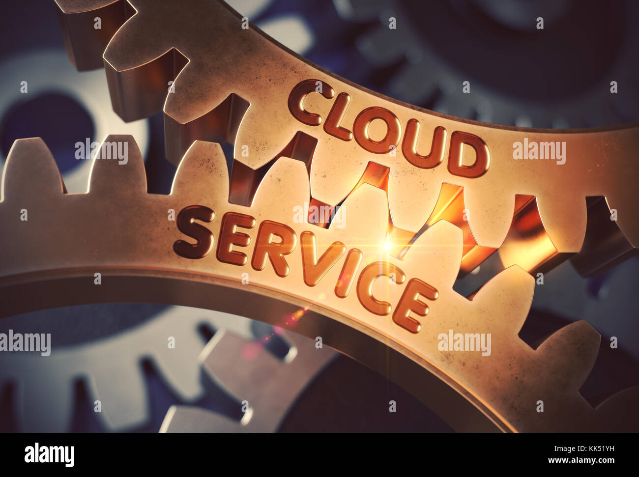 Cloud Service on Golden Metallic Cogwheels. 3D. Stock Photo