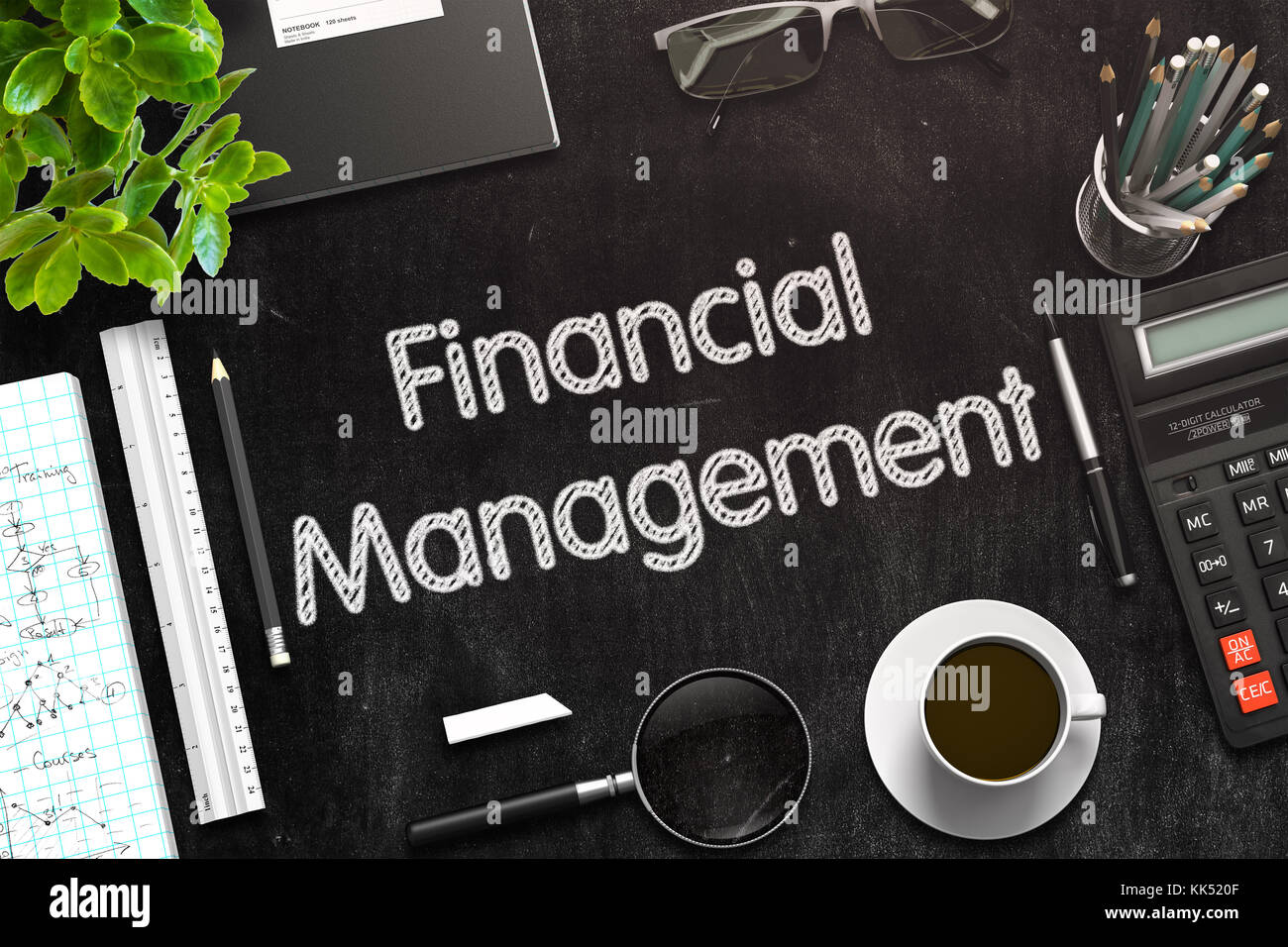 Financial Management on Black Chalkboard. 3D Rendering. Stock Photo