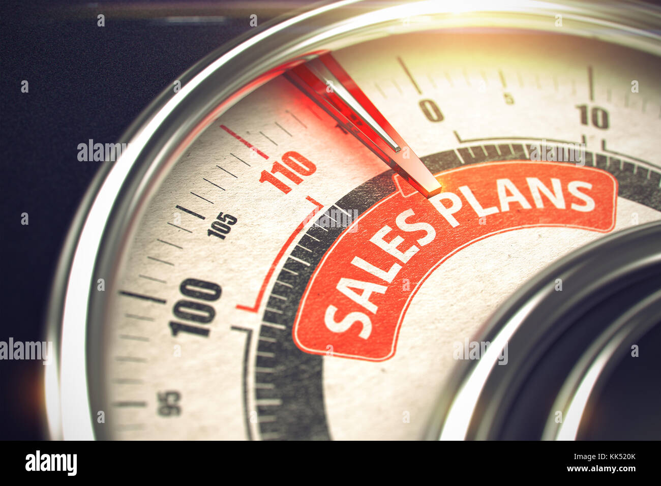 Sales Plans on Conceptual Gauge with Red Needle. 3D. Stock Photo