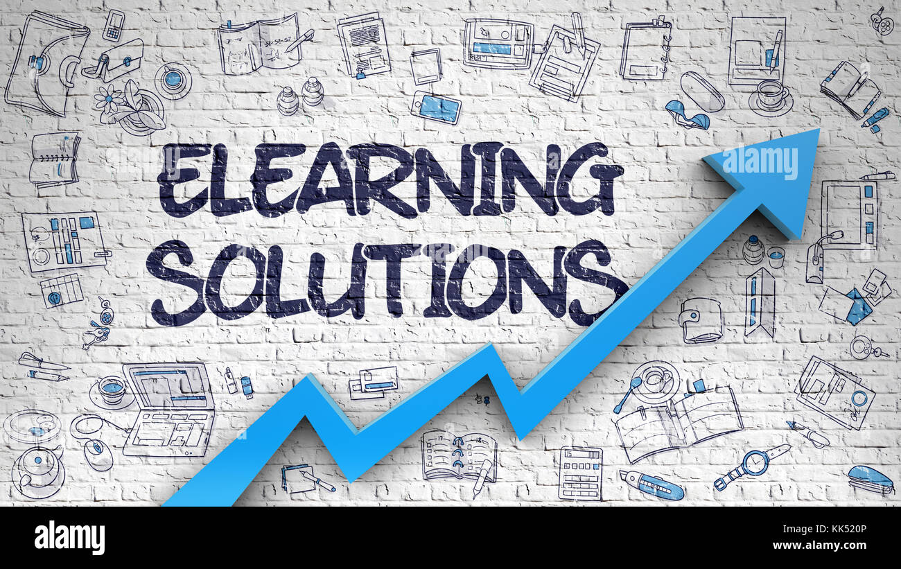 Elearning Solutions Drawn on White Brick Wall.  Stock Photo