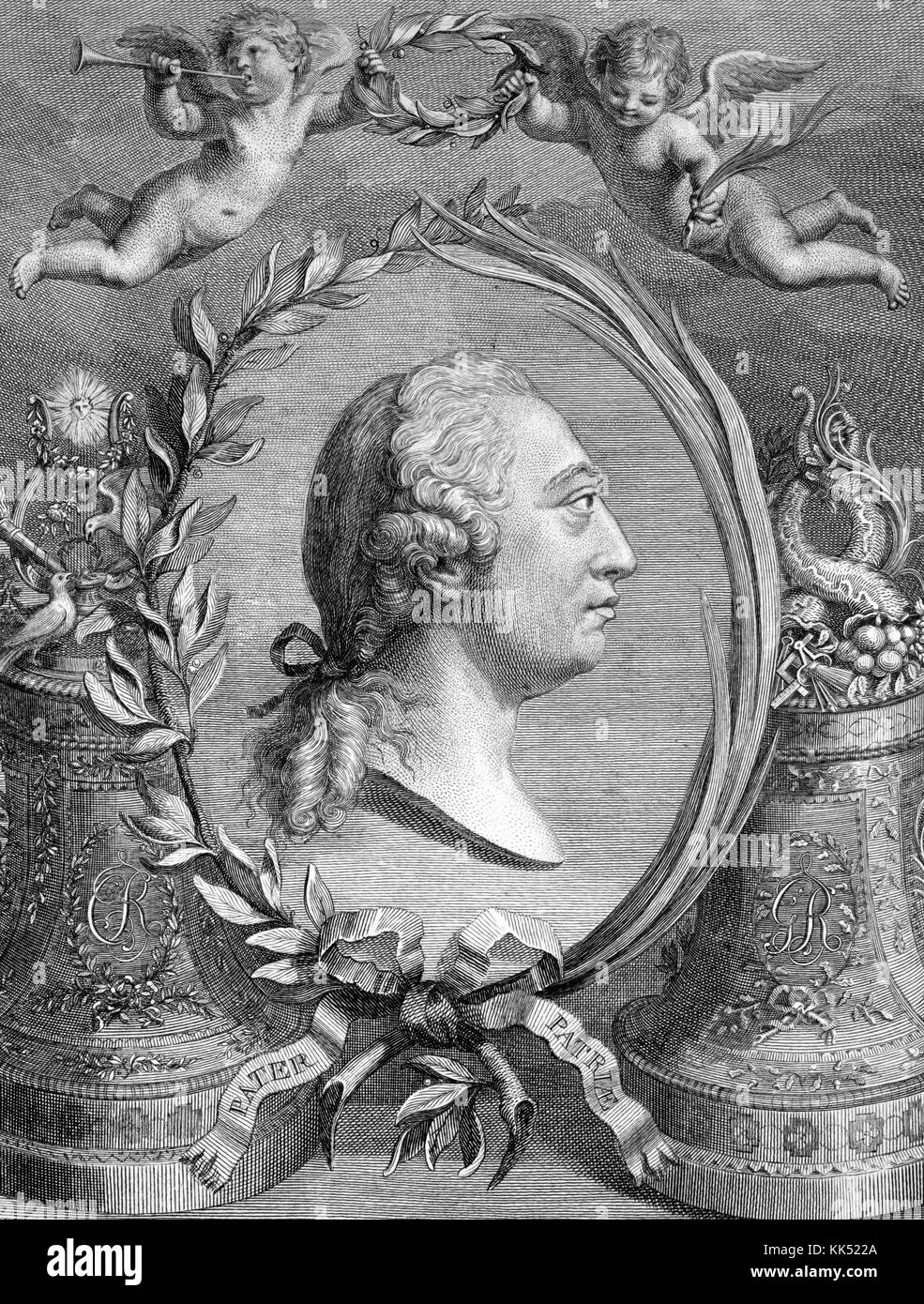 An engraving of King George III made to resemble a bust in profile, the portrait itself is surrounded by symbolic figures such as the shining sun and the cherubs, he was the King of Ireland and Great Britain from 1760 until his death in 1820, his rule saw the union of Ireland and Great Britain and the military conflicts of the Seven Years' War, American Revolutionary, and the defeat of Napoleon among others, 1774. From the New York Public Library. Stock Photo