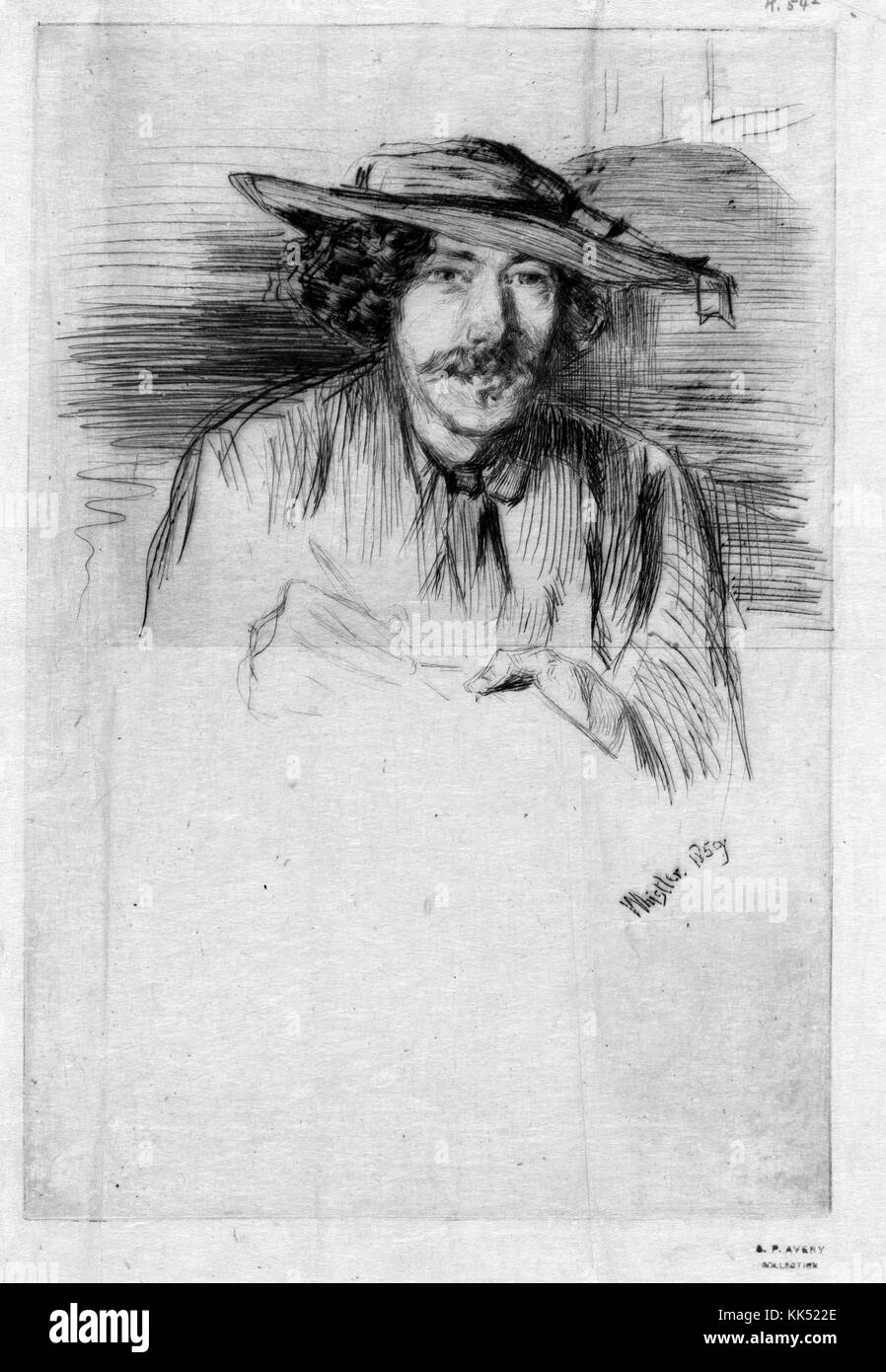 An illustrated self-portrait of James Abbott McNeill Whistler, he was an American born artist active during the 19th century, he was a vocal proponent of the 'art for art's sake' movement which believes in the intrinsic value art without a need for sentimentality or moral allusion, he is most famous for his painting commonly known as Whistler's Mother, 1859. From the New York Public Library. Stock Photo