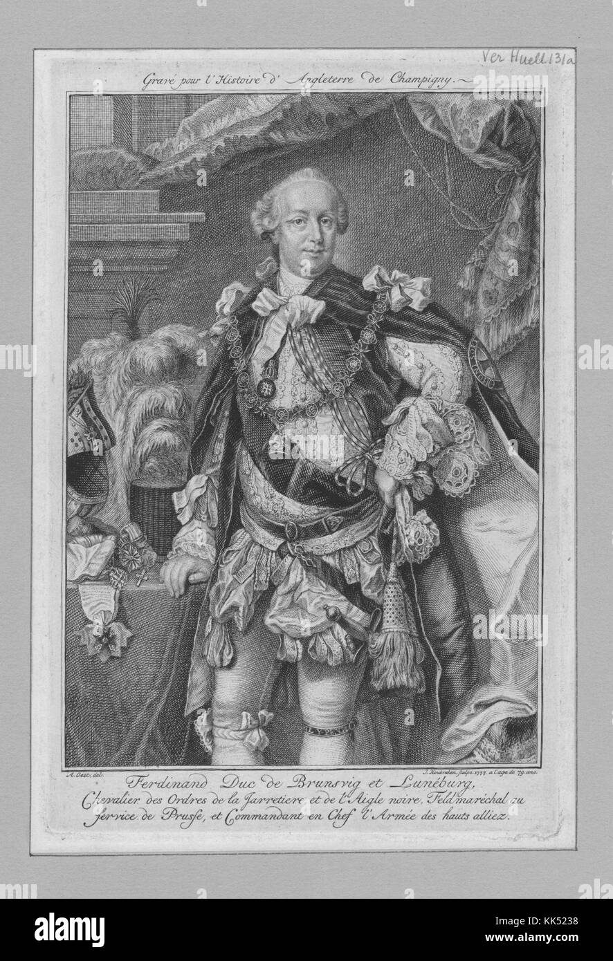 An engraving from a portrait of Prince Ferdinand of Brunswick, he was a highly successful field marshal in the German-Prussian military, he is most remembered for his contributions during the Seven Years' War, 1777. From the New York Public Library. Stock Photo