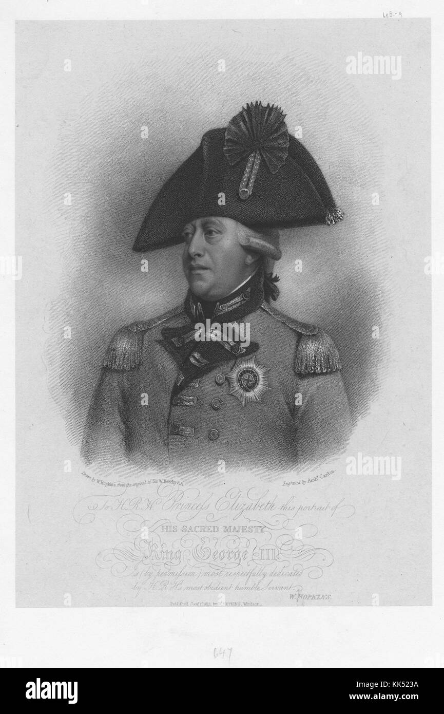 An engraving from a portrait of King George III dressed in military regalia, he was the King of Ireland and Great Britain from 1760 until his death in 1820, his rule saw the union of Ireland and Great Britain and the military conflicts of the Seven Years' War, American Revolutionary, and the defeat of Napoleon among others, 1812. From the New York Public Library. Stock Photo