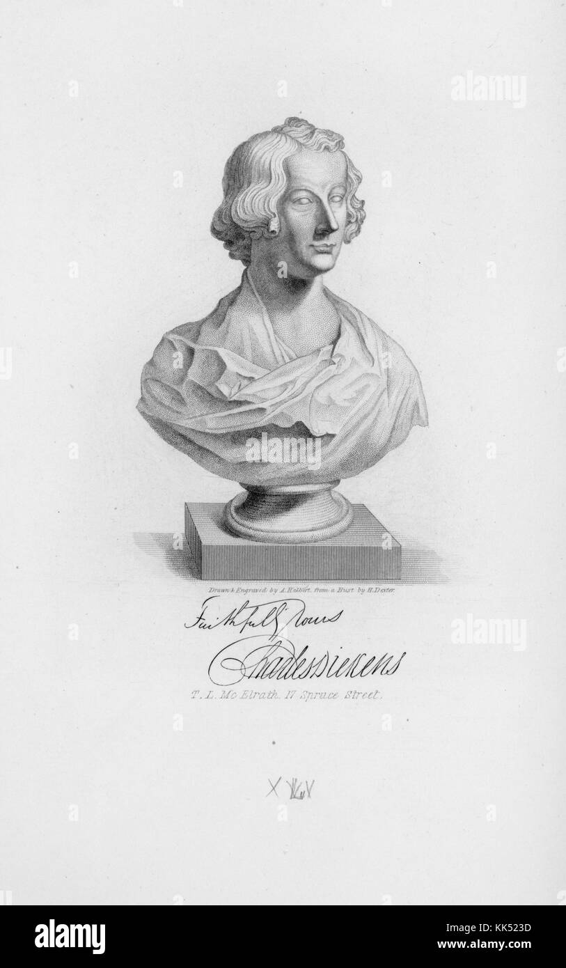 An engraving based on a bust of Charles Dickens, he was a writer and social critic from Victorian era England, he is still critically lauded for his works such as A Tale of Two Cities, Oliver Twist, Great Expectations and A Christmas Carol, the image also contains a reproduction of his signature underneath the words 'Faithfully yours', 1880. From the New York Public Library. Stock Photo