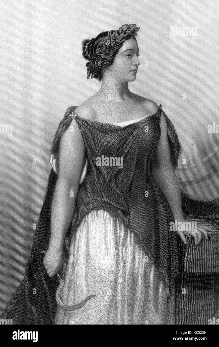 An engraving from a portrait of Giulia Grisi appearing in her costume from the opera Norma, she was an Italian opera singer who was one of the leading sopranos of the 19th century, she performed in Europe, the United States, and South America, in the engraving she is costumed as the character Adalgisa which is a role she originated in 1831, 1844. From the New York Public Library. Stock Photo