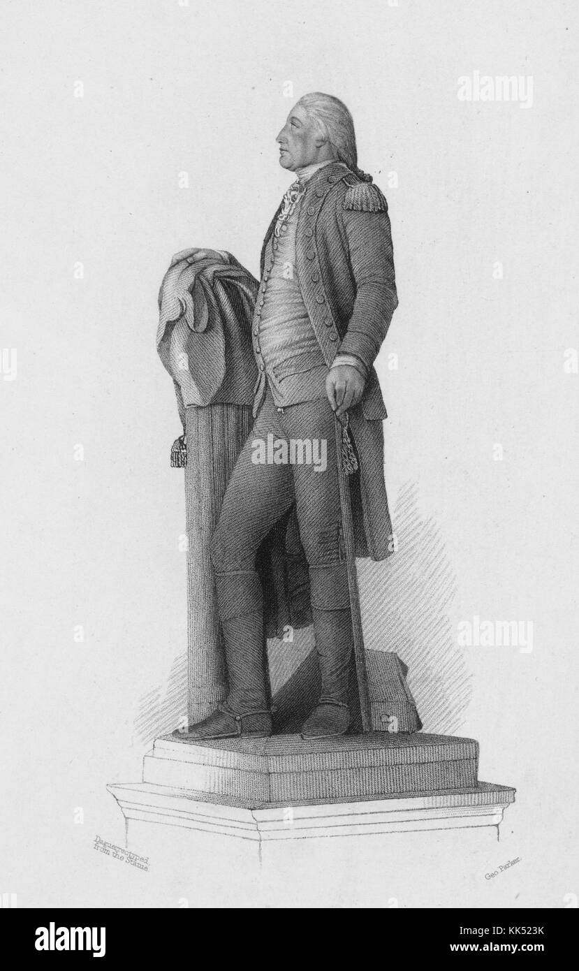 An engraving from a sculpture of George Washington, he was a Founding Father who lead the Continental Army as Commander-in-Chief during the American Revolutionary War, he served as the first President of the United States of America and retired after two terms, he was well loved for his governing and created many policies and traditions that still stand today, he is regarded as one of the most important figures in all of United States history, 1900. From the New York Public Library. Stock Photo