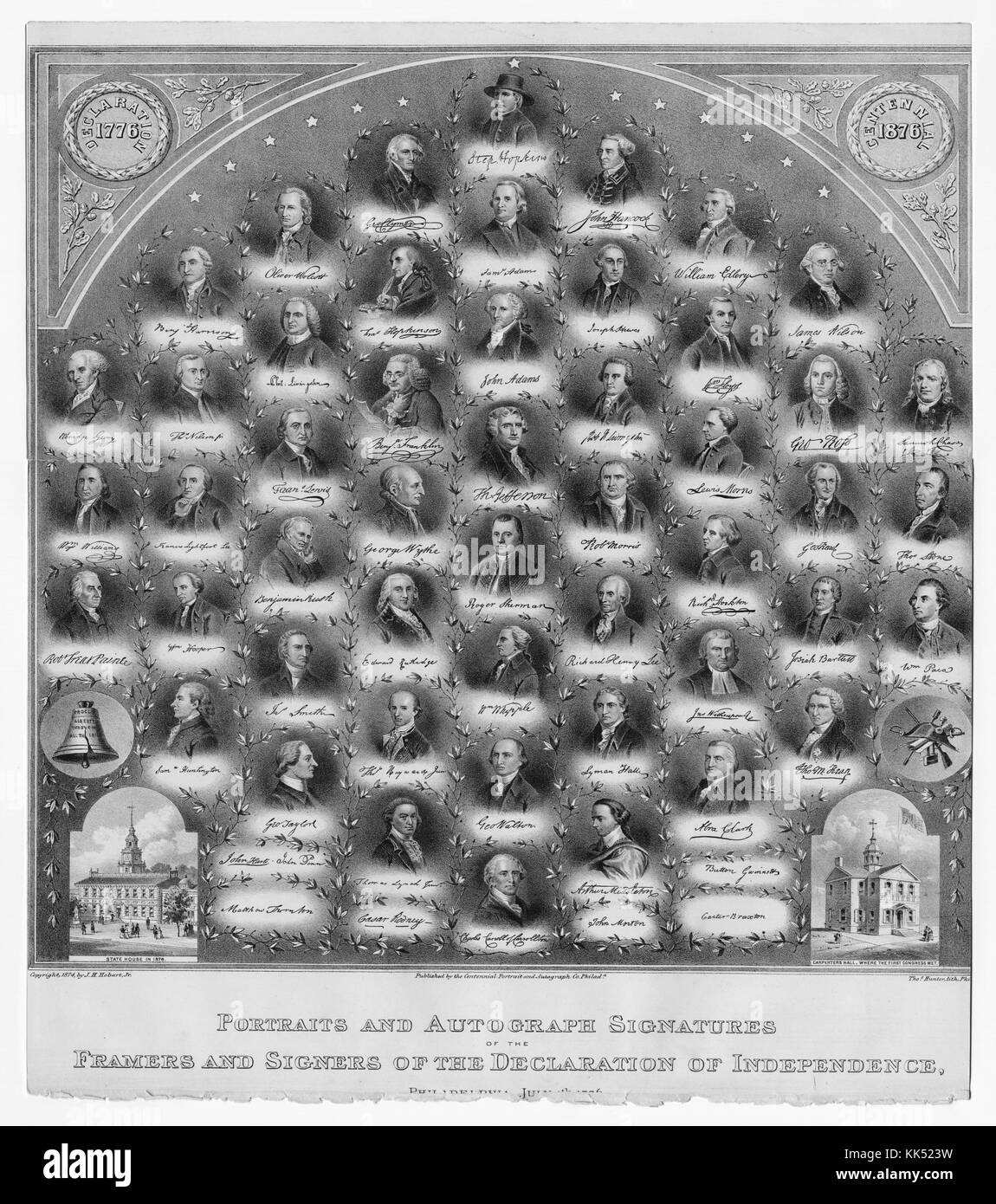 Lithograph depicting the portraits of all the signers of the Declaration of Independence, titled 'Portraits and Autograph Signatures of the Framers and Signers of the Declaration of Independence', published by Centennial Portrait and Autograph Company, Philadelphia, Pennsylvania, 1874. From the New York Public Library. Stock Photo