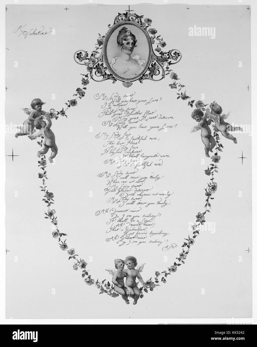 A Valentine, depicting flower garland, angels, portrait of a woman in brass frame, a love poem, seal depicting two birds kissing, published by L Prang and Company, 1900. From the New York Public Library. Stock Photo