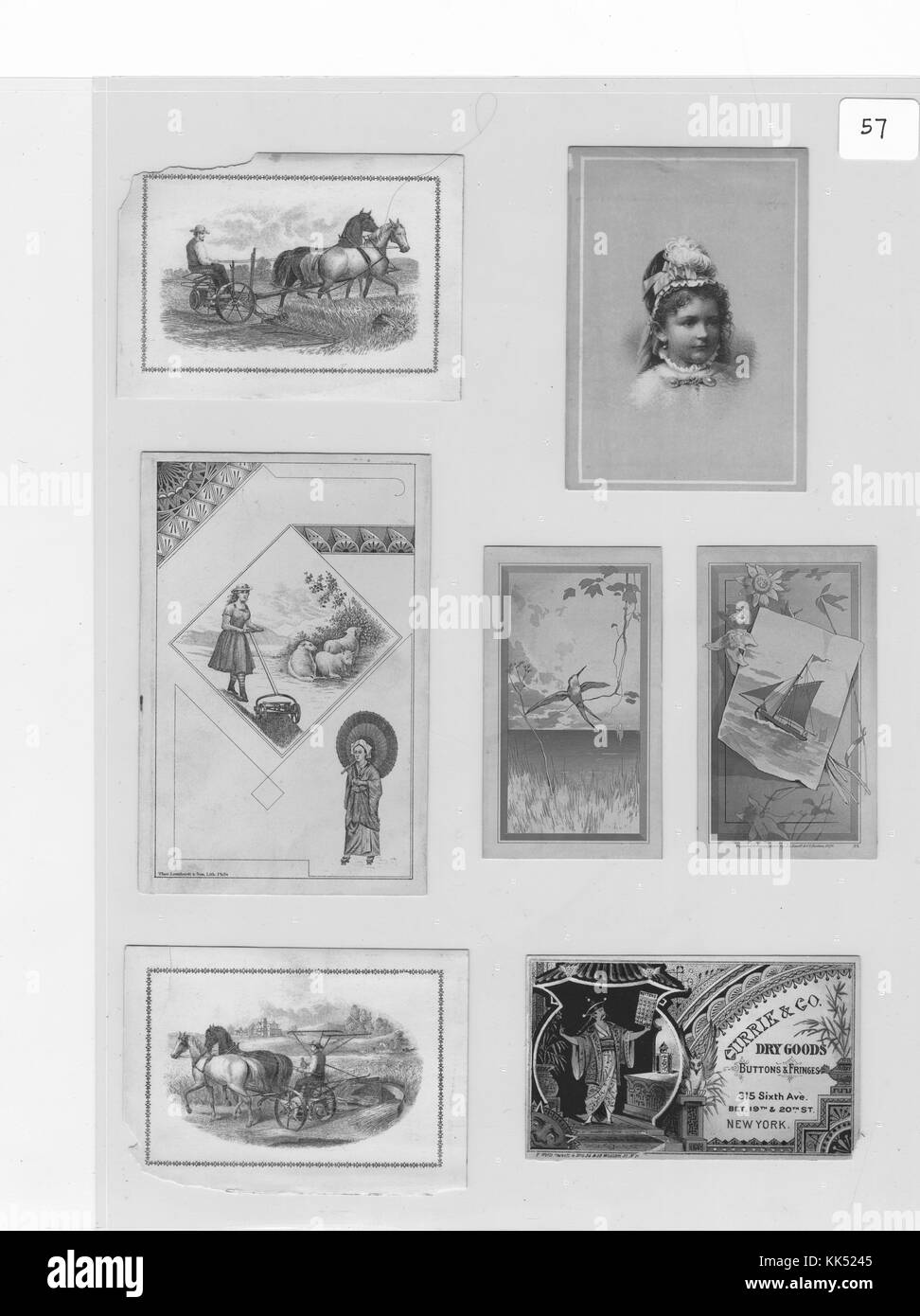 Collection of seven advertisement cards, from left to right, top row, card with a man on farm equipment being pulled by horses, for C Aultman and Company, manufacturers of the Buckeye Mower and Reaper, and a card with the portrait of a child for Scott's Shoe Emporium, middle row, a card depicting a woman mowing and a woman in a kimono, and two cards, one depicting a bird, the other a boat, both for Jacques and Marcus Jewelers, bottom row, card with a man on farm equipment being pulled by horses, and a card depicting a woman in a kimono for Currie and Company Dry Goods, Buttons and Fringes, all Stock Photo