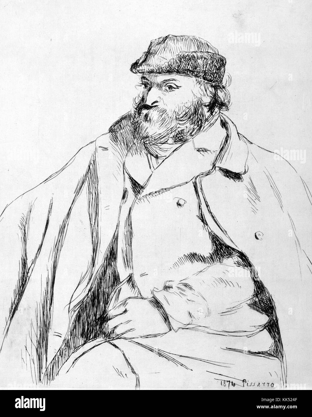 Etched portrait of Paul Cezanne, French artist and Post-Impressionist painter, sitting, wearing a hat, jacket and coat, by Camille Pissarro, 1874. From the New York Public Library. Stock Photo