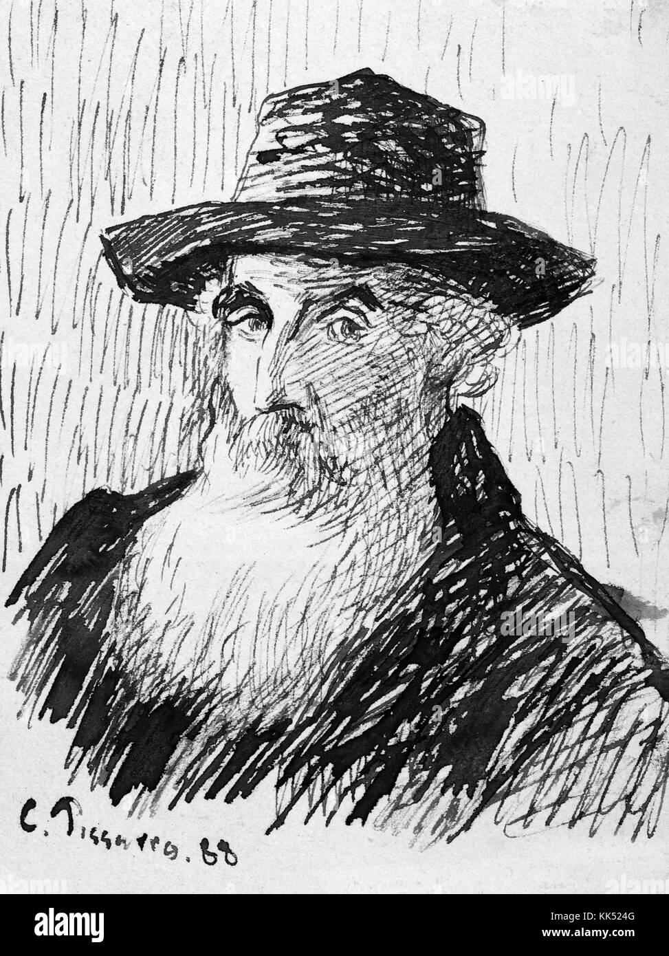 Ink drawn self portrait of Camille Pissarro, Danish-French Impressionist and Neo-Impressionist painter, wearing a hat, long white beard, 1888. From the New York Public Library. Stock Photo