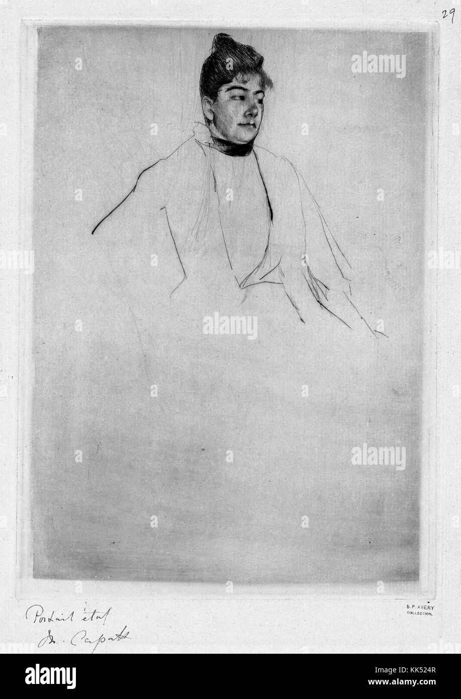 Drypoint (printmaking technique in which an image is incised into a plate) portrait sketch of a woman, her hair pulled up, by Mary Cassat, 1889. From the New York Public Library. Stock Photo