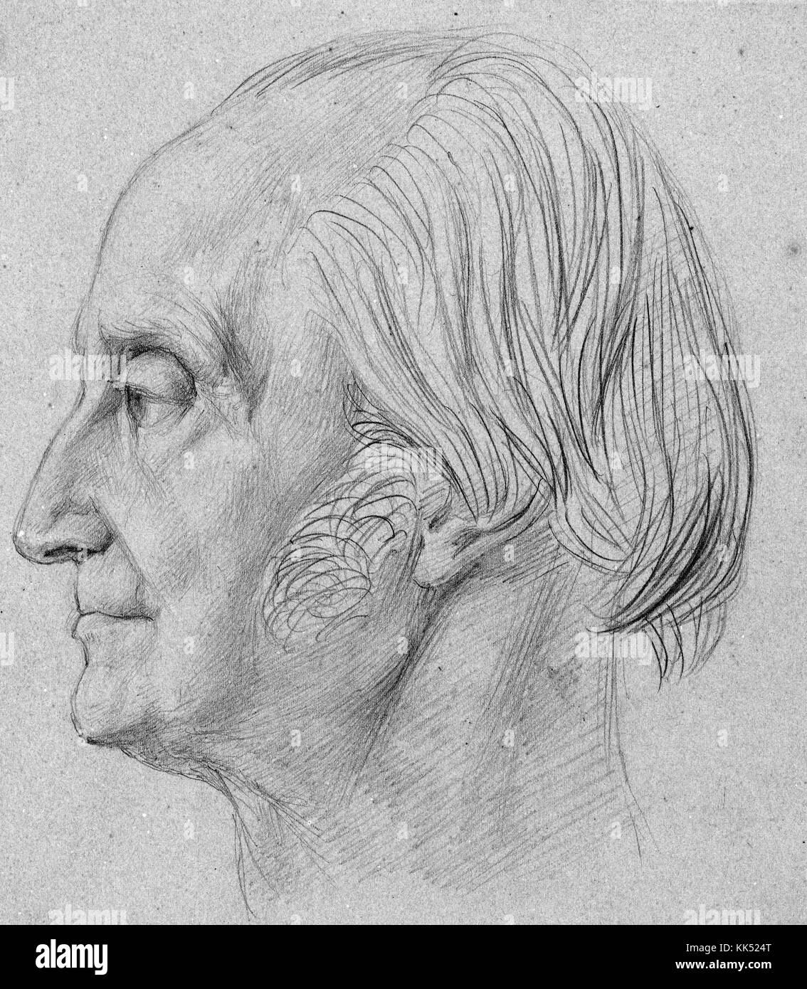 Pencil drawn portrait of August Wilhelm Schlegel, German poet, translator, critic, and a foremost leader of German Romanticism, as a mature man, in profile, by Pierre-Jean David D'Angers, 1840. From the New York Public Library. Stock Photo