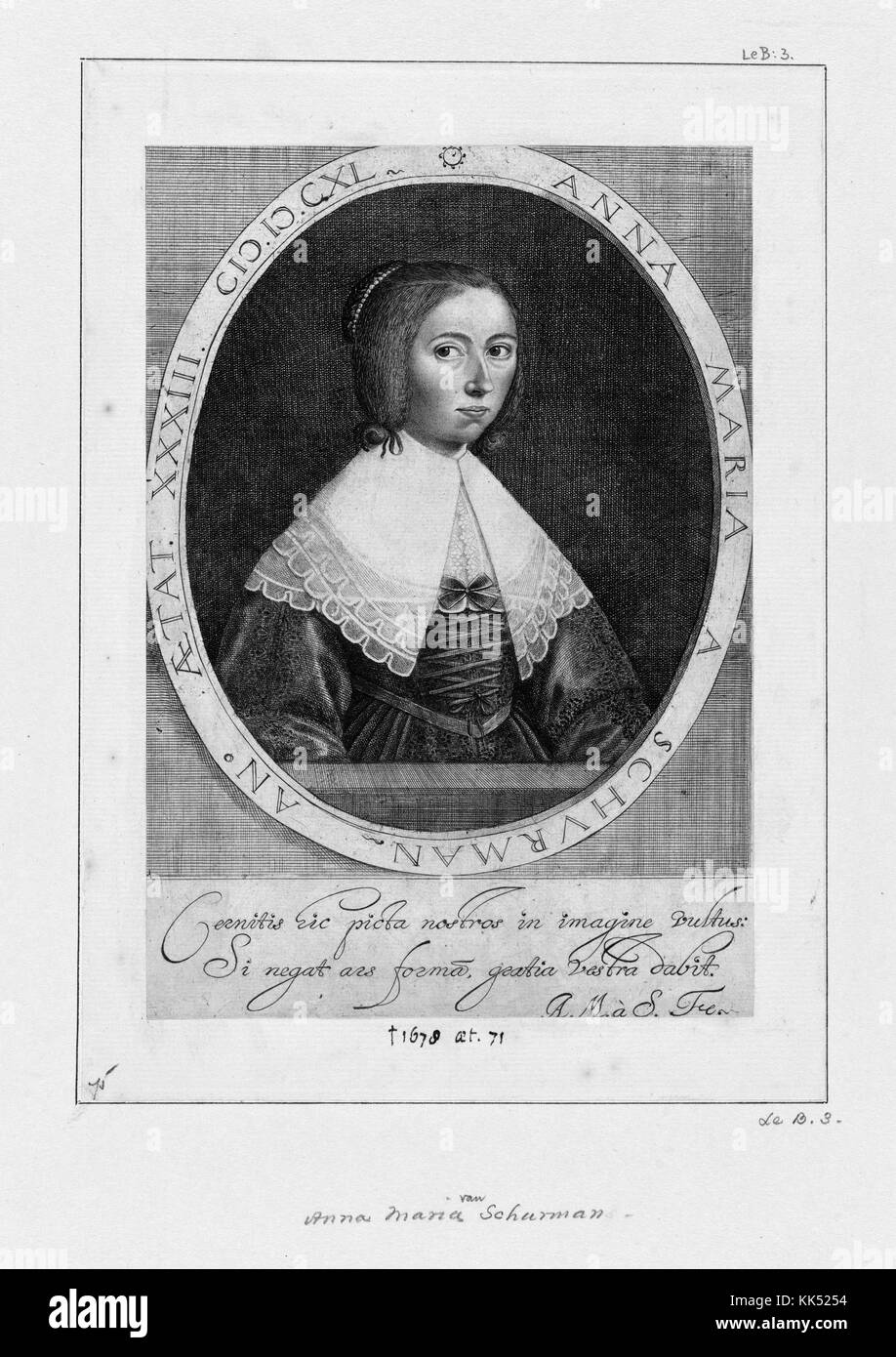 Engraved self portrait of Anna Maria van Schurman, German-born Dutch painter, engraver, poet, and scholar, who is best known for her exceptional learning and her defense of female education, depicted at the age of 33 years, 1640. From the New York Public Library. Stock Photo