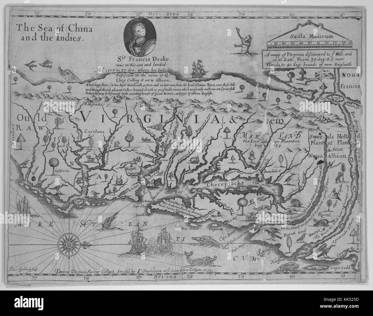 Engraved map of Virginia, depicting the Chesapeake Bay, the Atlantic Ocean, and a portrait of Sir Francis Drake in an insert at the top, map by the cartographer John Farrer, engraved by John Goddard, Virginia, 1651. From the New York Public Library. Stock Photo
