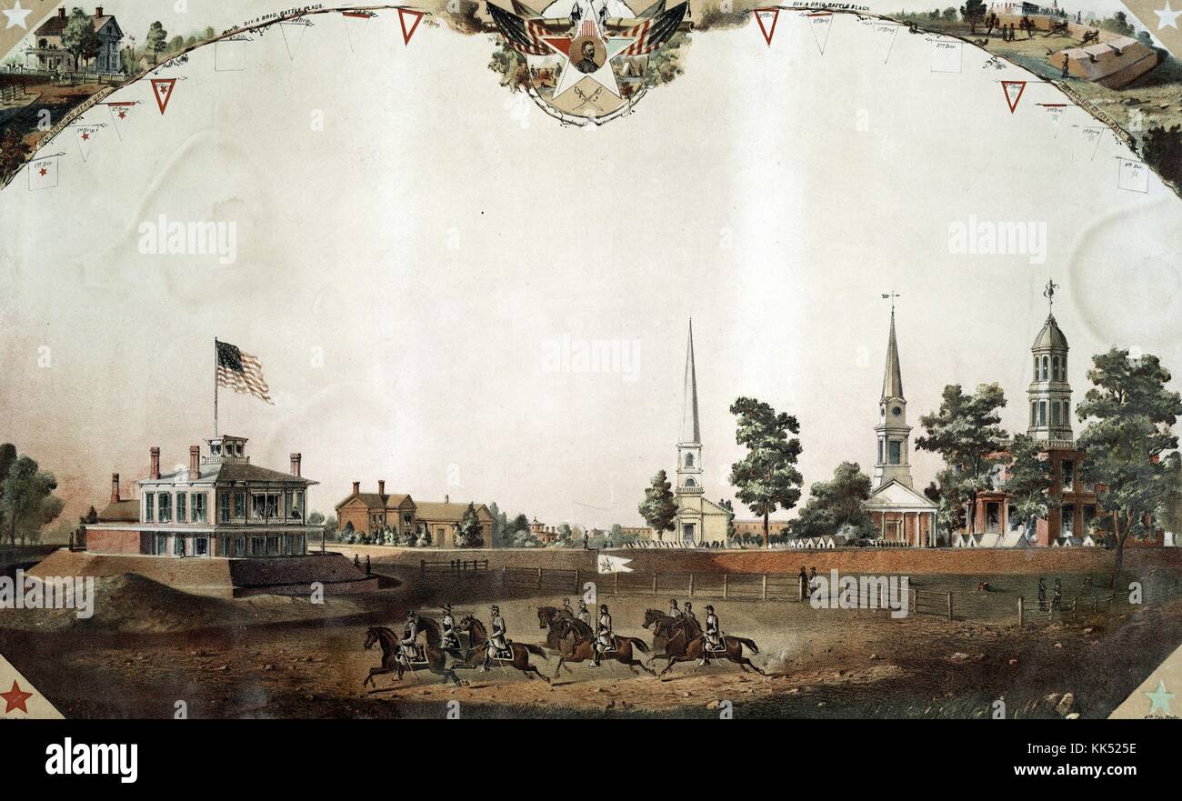 Chromolithograph depicting a group of men riding horses, government buildings, houses and church in the background, titled 'View of public square, Atlanta, Georgia', art by Nathan B Abbot, printed by Henry C Eno, Atlanta, Georgia, 1864. From the New York Public Library. Stock Photo