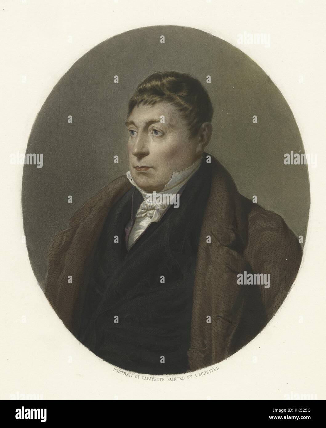 Portrait of Gilbert du Motier, Marquis de Lafayette, French aristocrat and military officer who fought for the United States in the American Revolutionary War, was a key figure in the French Revolution of 1789 and the July Revolution of 1830, as a mature man, wearing a jacket and coat, white lace collar, by A Scheffer, 1843. From the New York Public Library. Stock Photo