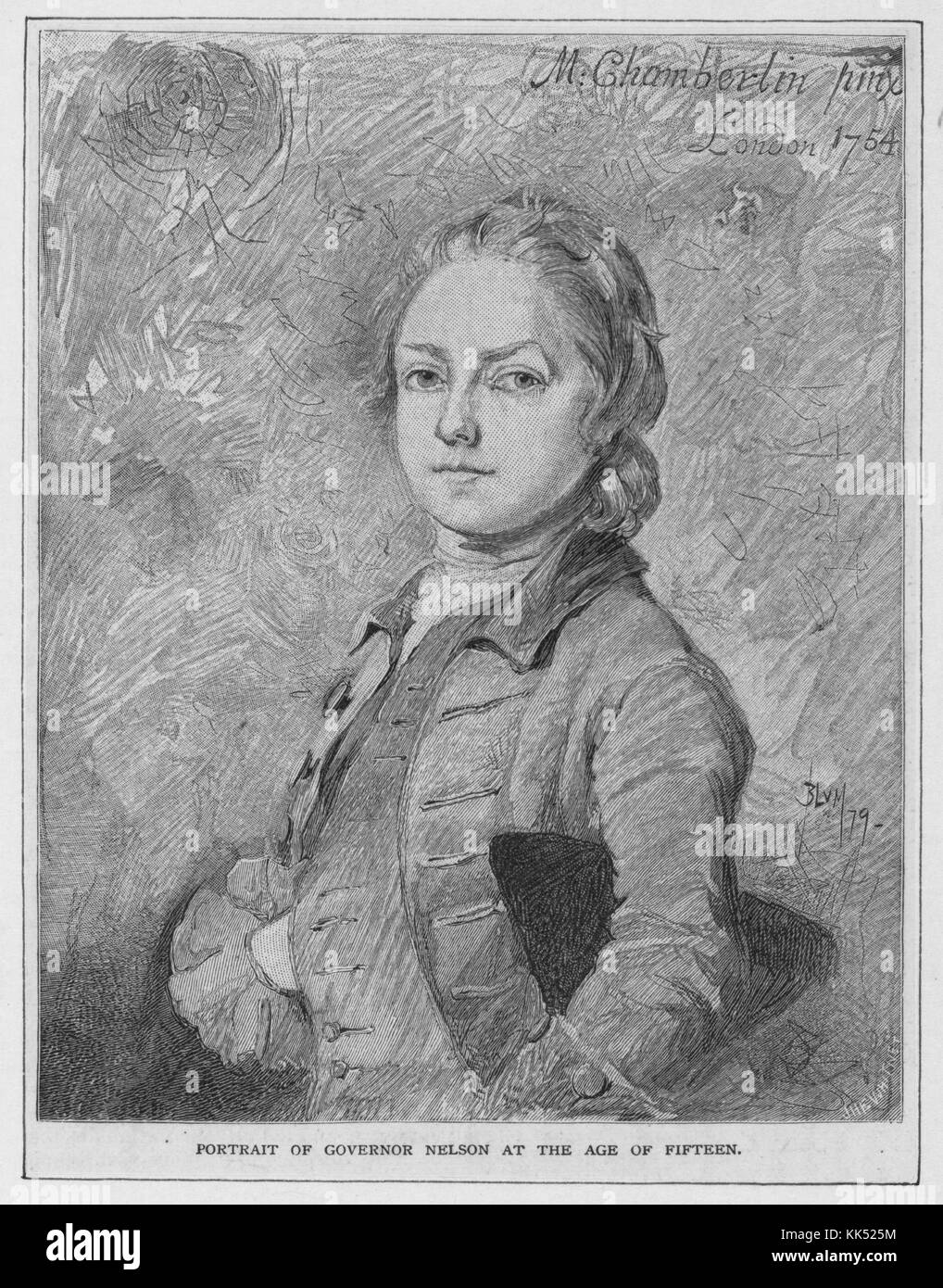 Wood engraving portrait of Thomas Nelson, Junior, a planter, statesman, and soldier, signer of the Declaration of Independence in 1776, and Virginias fourth Governor, titled 'Portrait of Governor Nelson at the age of fifteen', 1880. From the New York Public Library. Stock Photo