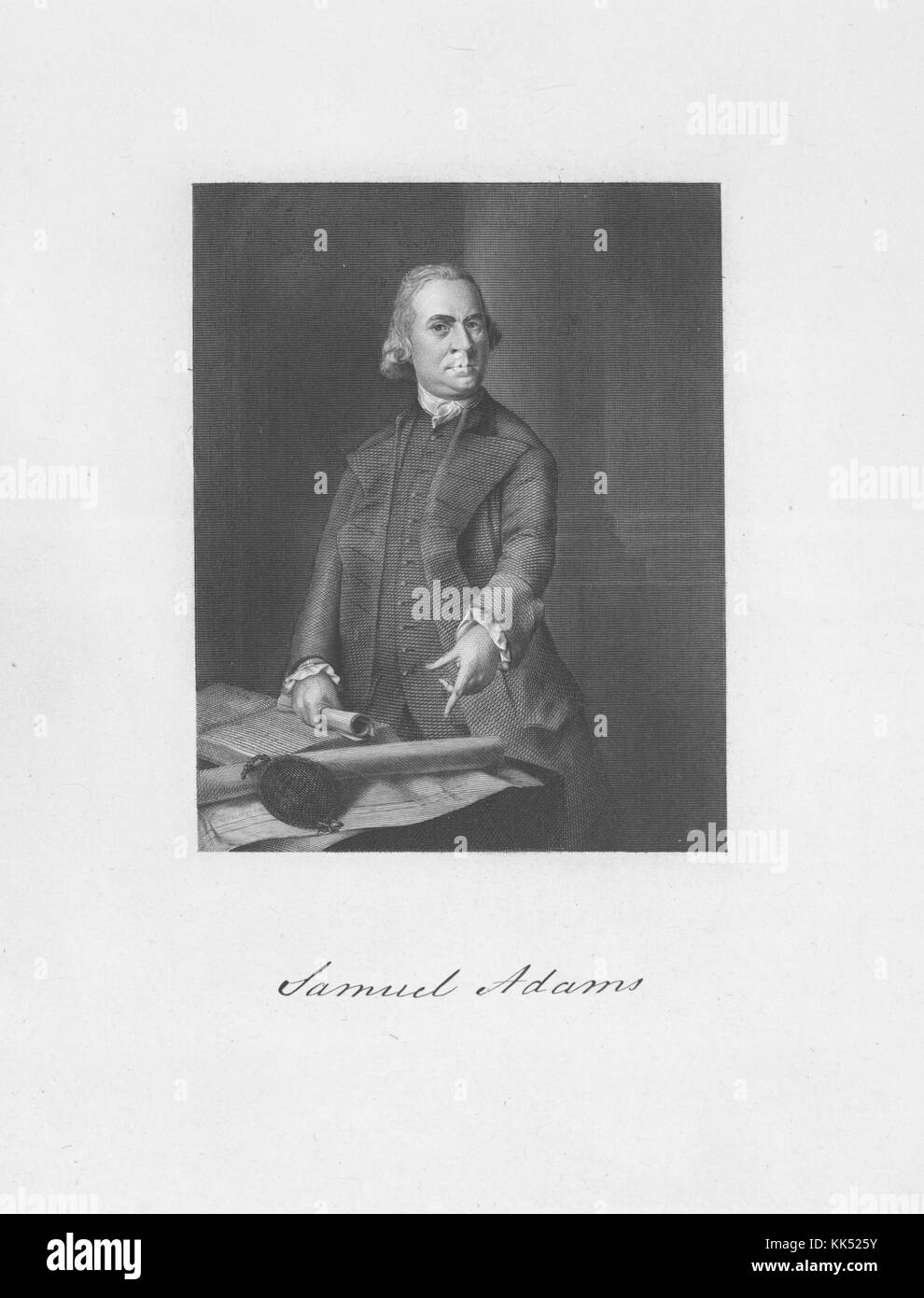 Engraved portrait of Samuel Adams, one of the Founding Fathers of the United States, as a politician in colonial Massachusetts, Adams was a leader of the movement that became the American Revolution, standing, pointing at writings on his desk, 1772. From the New York Public Library. Stock Photo