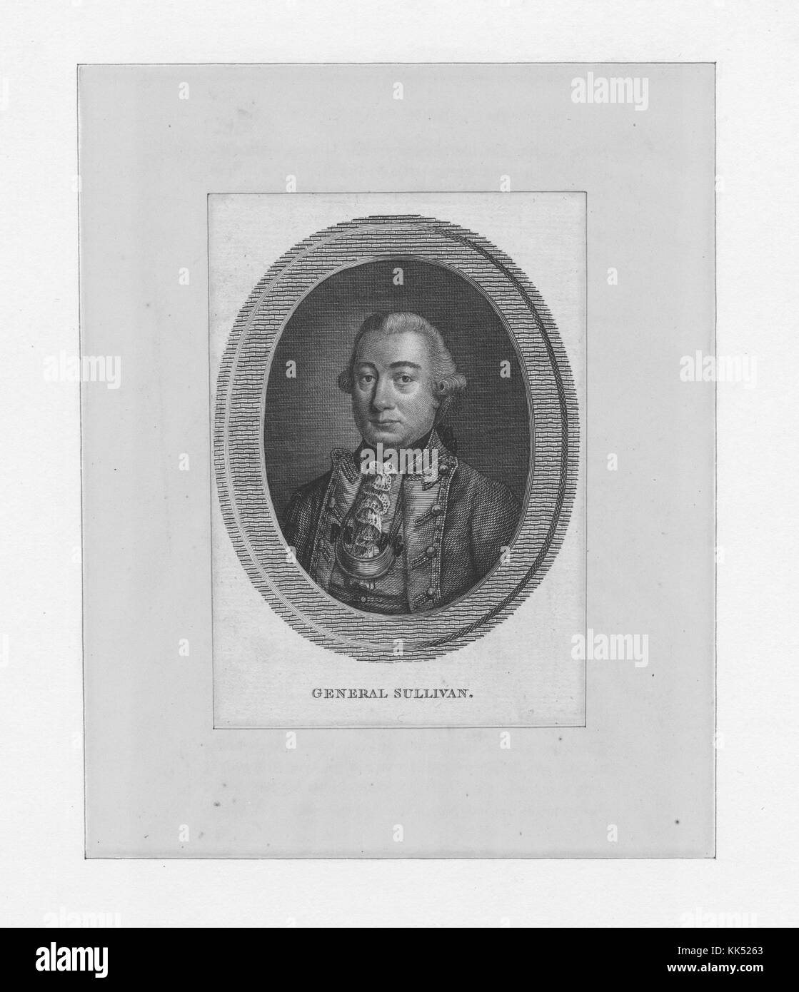 Engraved portrait of General John Sullivan, an American General in the Revolutionary War, a delegate in the Continental Congress, Governor of New Hampshire and a United States federal judge, in uniform, set in an oval, 1800. From the New York Public Library. Stock Photo