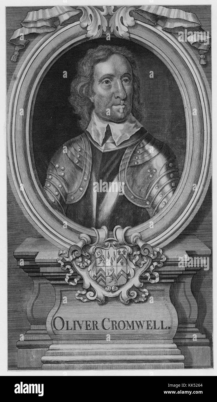 Engraved portrait of Oliver Cromwell, English military and political leader and later Lord Protector of the Commonwealth of England, Scotland and Ireland, one of the most controversial figures in the history of the British Isles, coat of arms depicted underneath him, 1750. From the New York Public Library. Stock Photo