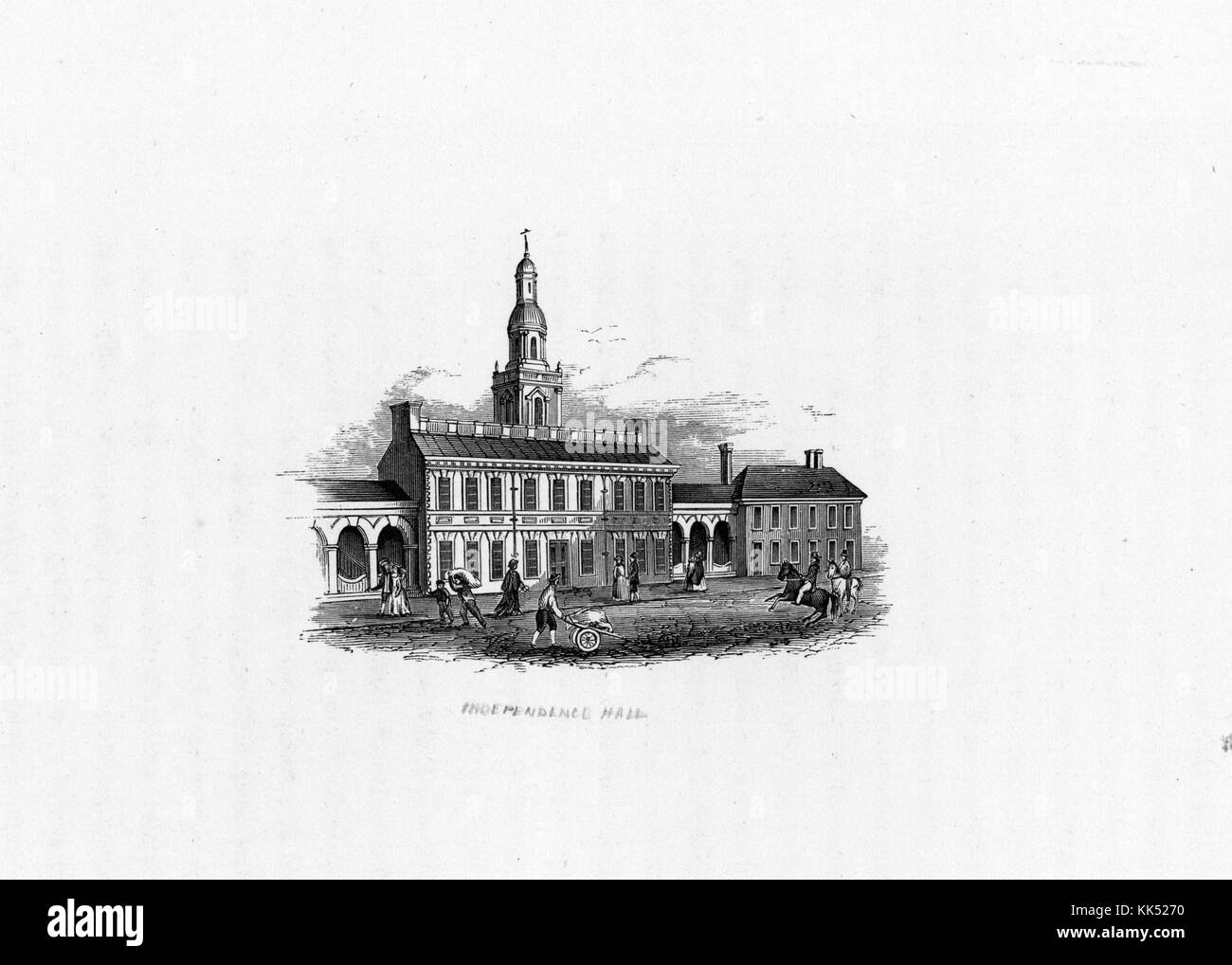 An engraving from a painting of Independence Hall, both the United States Declaration of Independence and the United States Constitution were debated and signed here, the building was constructed in 1753, the outside of the central building is still original, but most of the rest of the structure has been demolished and rebuilt over time, it has been a UNESCO World Heritage Site since 1979, 1800. From the New York Public Library. Stock Photo