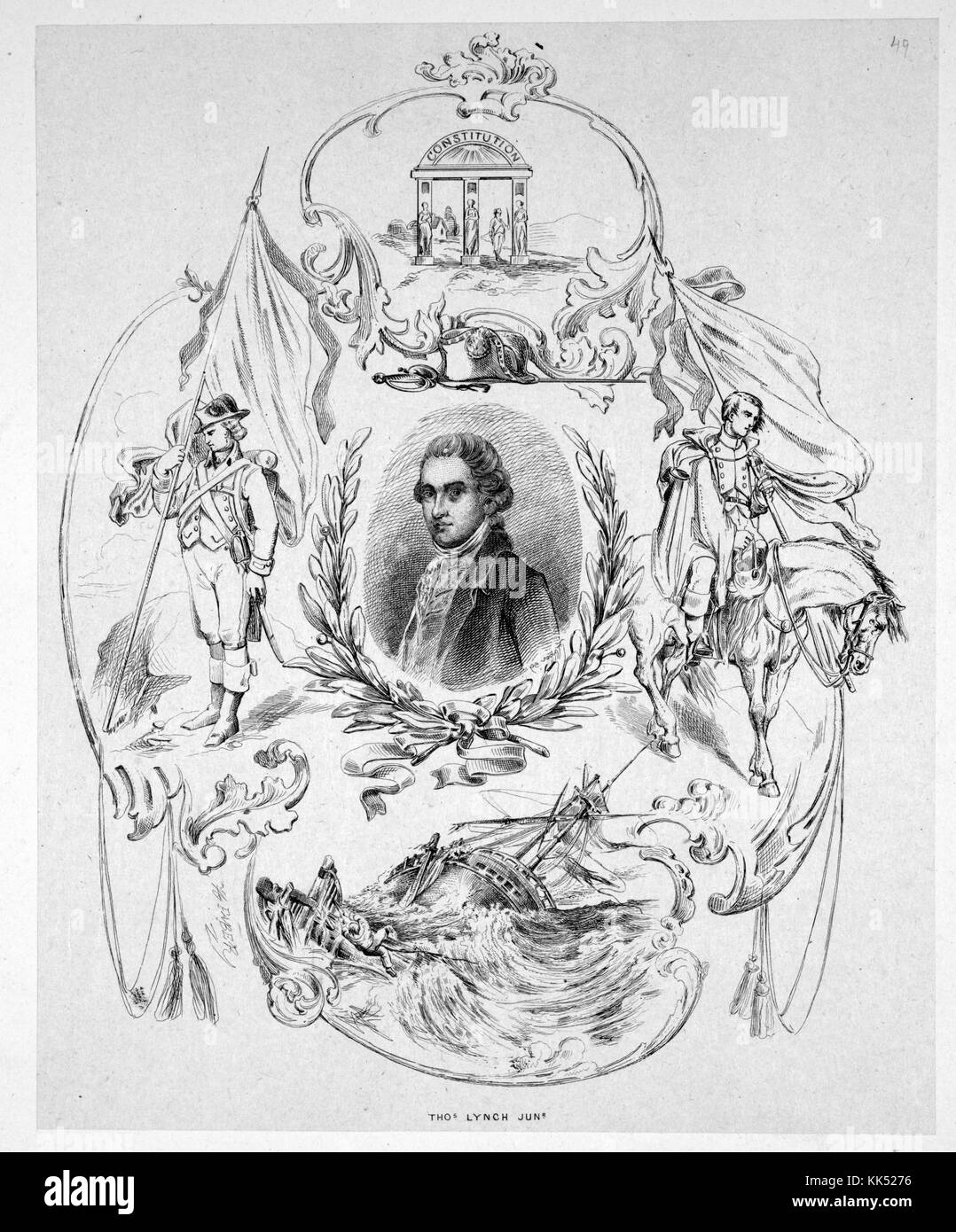 Engraving portrait of Thomas Lynch Junior, signer of the Declaration of Independence, with elaborate embellishments depicting soldiers at attention and a ship at sea, 1800. From the New York Public Library. Stock Photo
