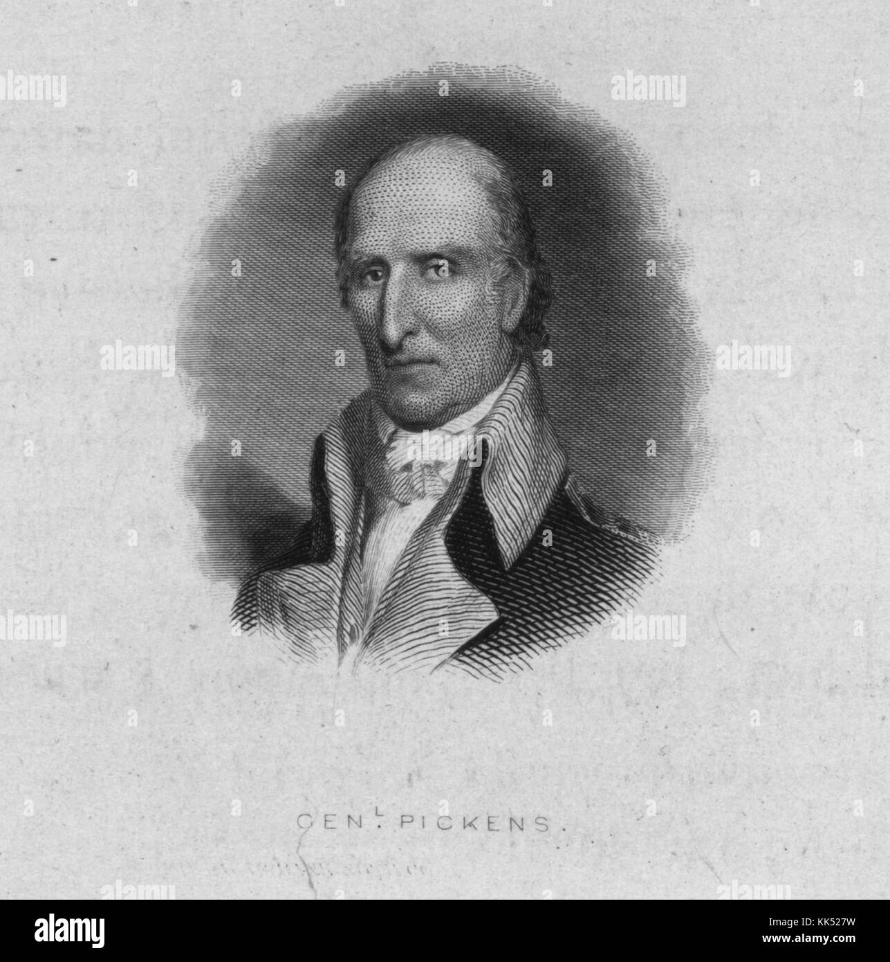 An engraving from a portrait of Andrew Pickens, he rose to the rank of Brigadier General as member of the South Carolina state militia during the American Revolutionary War, he was also a member of the United States House of Representatives from South Carolina, 1800. From the New York Public Library. Stock Photo