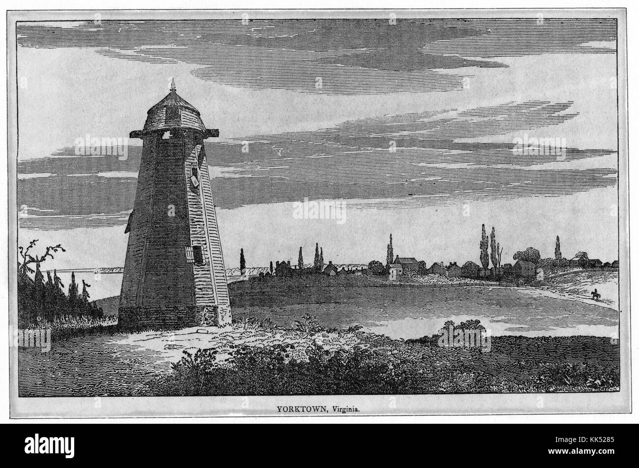 An engraving from a landscape painting of Yorktown, a lighthouse is seen in the foreground of the image while the town itself can be seen in the background, the town is most famous for the Siege of Yorktown which was a victory for combined Continental and French forces against the British, Virginia, 1800. From the New York Public Library. Stock Photo