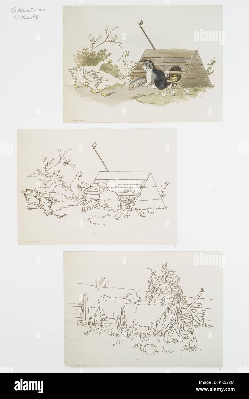 Outlines for farm scene print depicting dog, geese, cows, chickens, and chicks, 1900. From the New York Public Library. Stock Photo