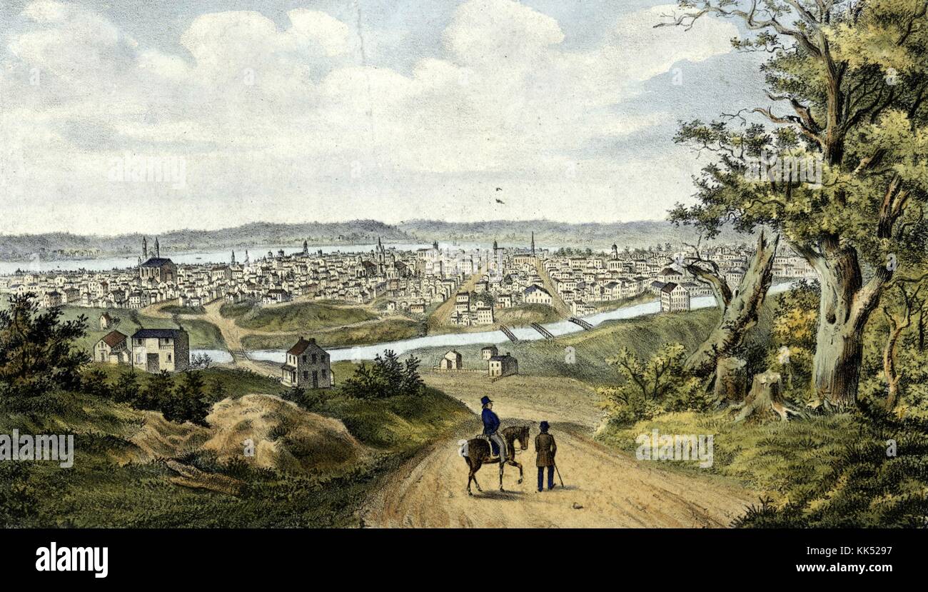 Hand colored lithograph titled 'Cincinnati in 1841', depicting two men, one riding a horse, on a dirt road in the foreground, looking at the city in the background, Cincinnati, Ohio, 1841. From the New York Public Library. Stock Photo