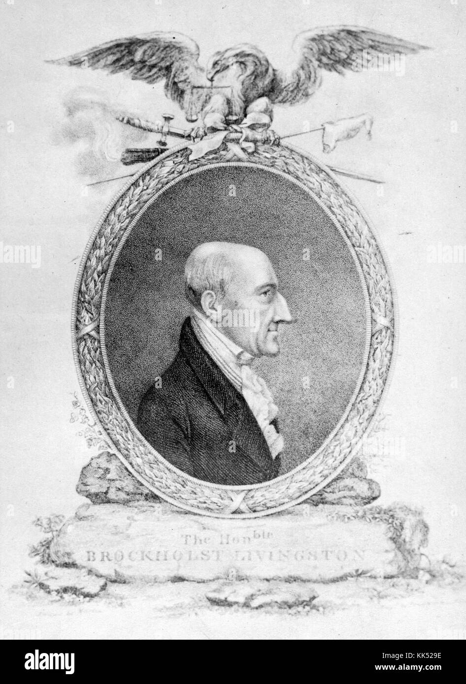 Portrait of Henry Brockholst Livingston, an American Revolutionary War officer, a justice of the New York Court of Appeals and eventually an Associate Justice of the Supreme Court of the United States (1802-1807), set in an oval, an eagle at the top pf it, captioned 'The Honble Brockholst Livingston', 1881. From the New York Public Library. Stock Photo