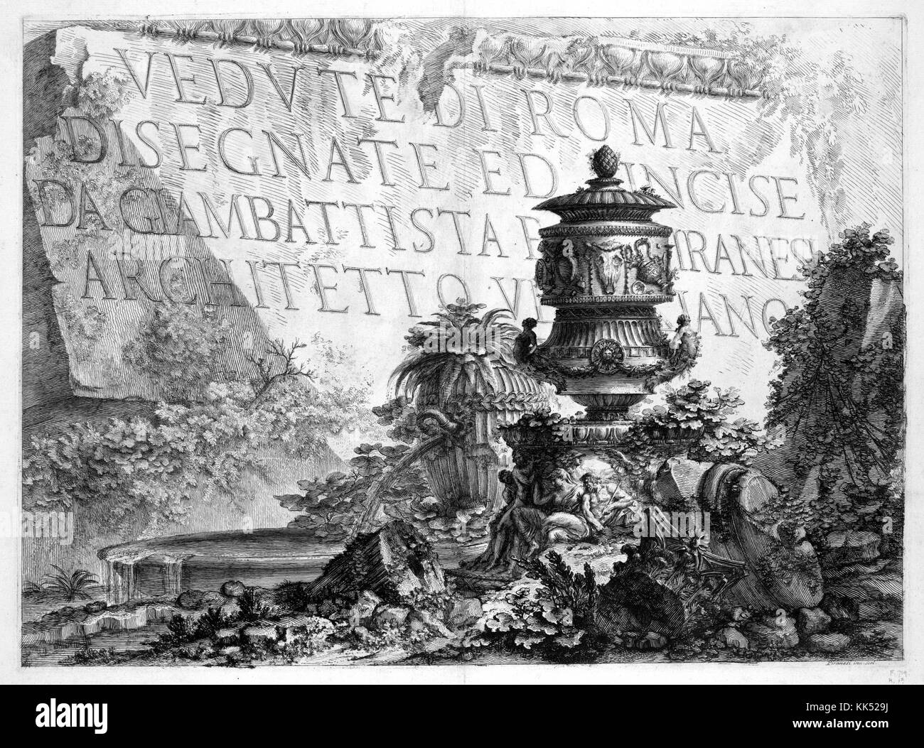 The engraving that created the title page for the book Verdute di Roma or Views of Rome, the title page features the name of the collection of engravings done by Giovanni Battista Piranesi, the background is made to resemble a carving that would appear on an ancient Roman ruin, the foreground features ruins and rubble being over taken by plants, Italy, 1749. From the New York Public Library. Stock Photo