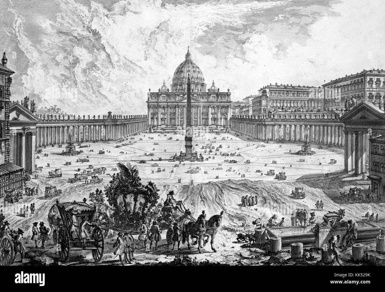 An engraving depicting St Peter's Basilica which is seen at the far end of the image, the building was constructed on the burial site of St Peter, the walled in area leading away from the basilica is called St Peter's Square, the Vatican Obelisk that stands in the middle of the image was brought from Egypt to Rome by Nero in 40 AD and moved to its current location in 1586, Vatican City, Rome, Italy, 1749. From the New York Public Library. Stock Photo