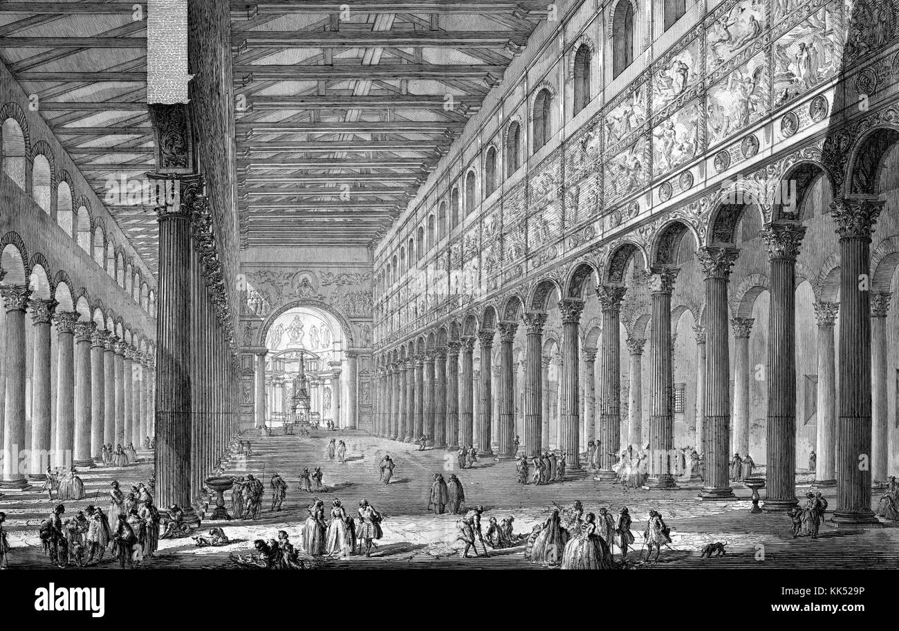 An etching depicting the Basilica of Saint Paul Outside the Walls, construction of the basilica started in the 4th century and remodelings and expansions continued in the centuries that followed, the original structure was built over the burial place of Paul the Apostle, the image depicts the interior of the church as it would have appeared in the 18th century, people are shown walking through and congregating within the church, Rome, Italy, 1749. From the New York Public Library. Stock Photo