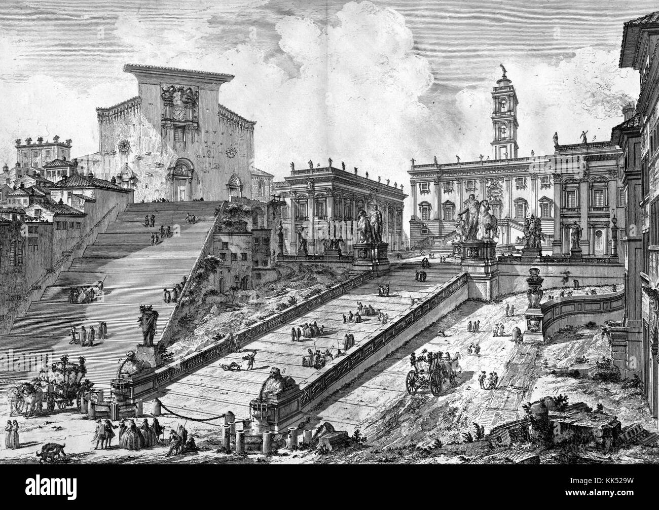 An etching depicting Capitoline Hill which stands in the background with a tower on top, a long staircase hleads up to the plaza in front it, the Church of Araceli can be seen on the left hand side of the image, it also has a long staircase, the area is very busy with people traveling to and from these buildings along with others in the immediate area, Rome, Italy, 1749. From the New York Public Library. Stock Photo