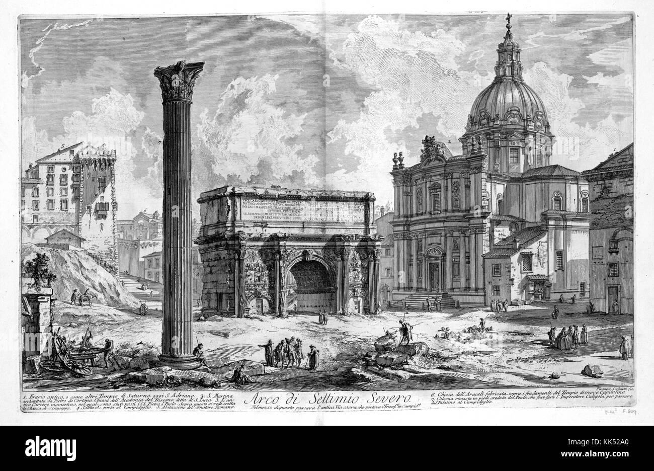 An etching depicting the Arch of Septimius Severus, the structure was built in 203 AD to celebrate the military victories against the Parthian Emprire by Emperor Semptimius Severus and his two sons, the triumphal arch was built along the Via Sacra which was the main street in ancient Rome where parades were held to celebrate the victories of military commanders, Rome, Italy, 1749. From the New York Public Library. Stock Photo