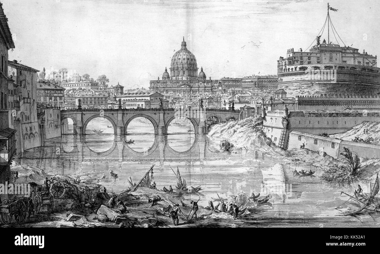 An etching depicting a view of Castel Sant'Angelo to the right of the image, St Peter's Basilica in Vatican City can be seen in the middle of the image towering over the rest of the background, Castel Sant'Angelo was originally built by the Roman Emperor Hadrian, it was meant to serve as a mausoleum for himself and his family, it was later used by Popes as a fortress, it currently serves as a museum, Rome, Italy, 1749. From the New York Public Library. Stock Photo