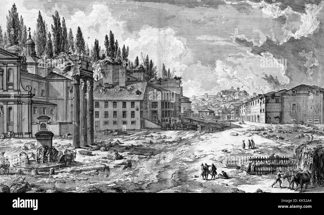 An etching depicting the site of the Roman Forum, people and cattle are shown on a large open piece of land that has three and four story buildings along the edge, the city can be seen in the background, the Roman Forum is a plaza that contains the ruins of several ancient government buildings in Rome, Italy, 1749. From the New York Public Library. Stock Photo