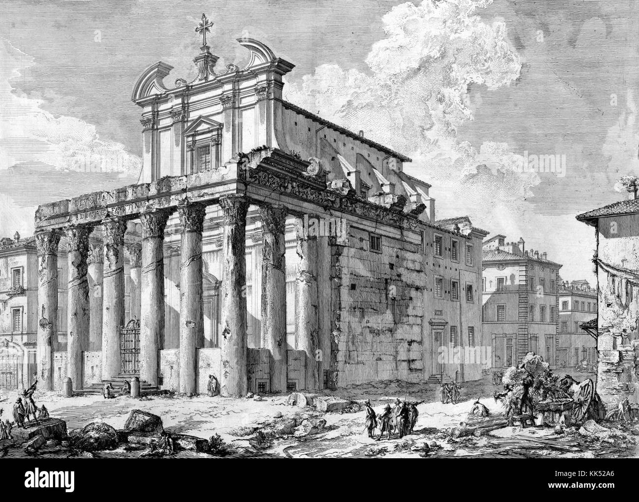 An etching depicting the Temple of Antoninus and Faustina in the area referred to as Campo Vaccino, the structure is part of the Roman Forum, construction began in 141 AD and was converted to a Roman Catholic church at some time between the 7th and 11th centuries, the church restoration of the ancient temple starting in the 16th century worked to preserve the structure, Rome, Italy, 1749. From the New York Public Library. Stock Photo