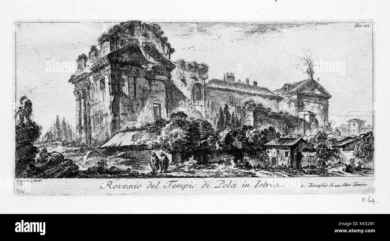 Wrong side of the Temple of Pula in Istria, Italy, 1749. From the New York Public Library. Stock Photo