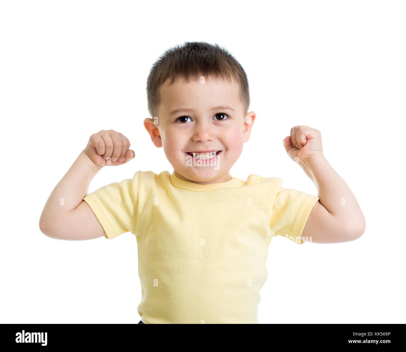 Portrait of cute kid showing the muscles of his arms, isolated on white Stock Photo
