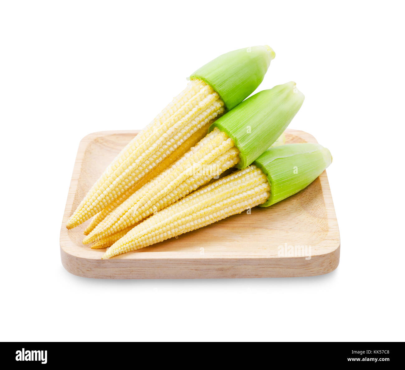 Fresh baby corns in wooden dish isolated on white background, Save clipping path. Stock Photo