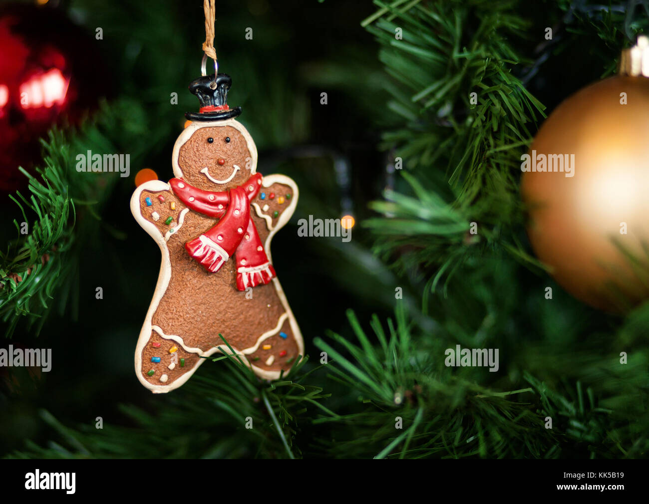 Gingerbread hanging on christmas tree with balls and lights. Stock Photo