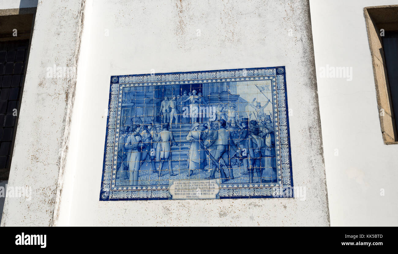 Tiles panel celebrating general Sepulveda proclaiming in 1808 the resistence of the people of Braganca to the invading Napoleonic French forces in Bra Stock Photo