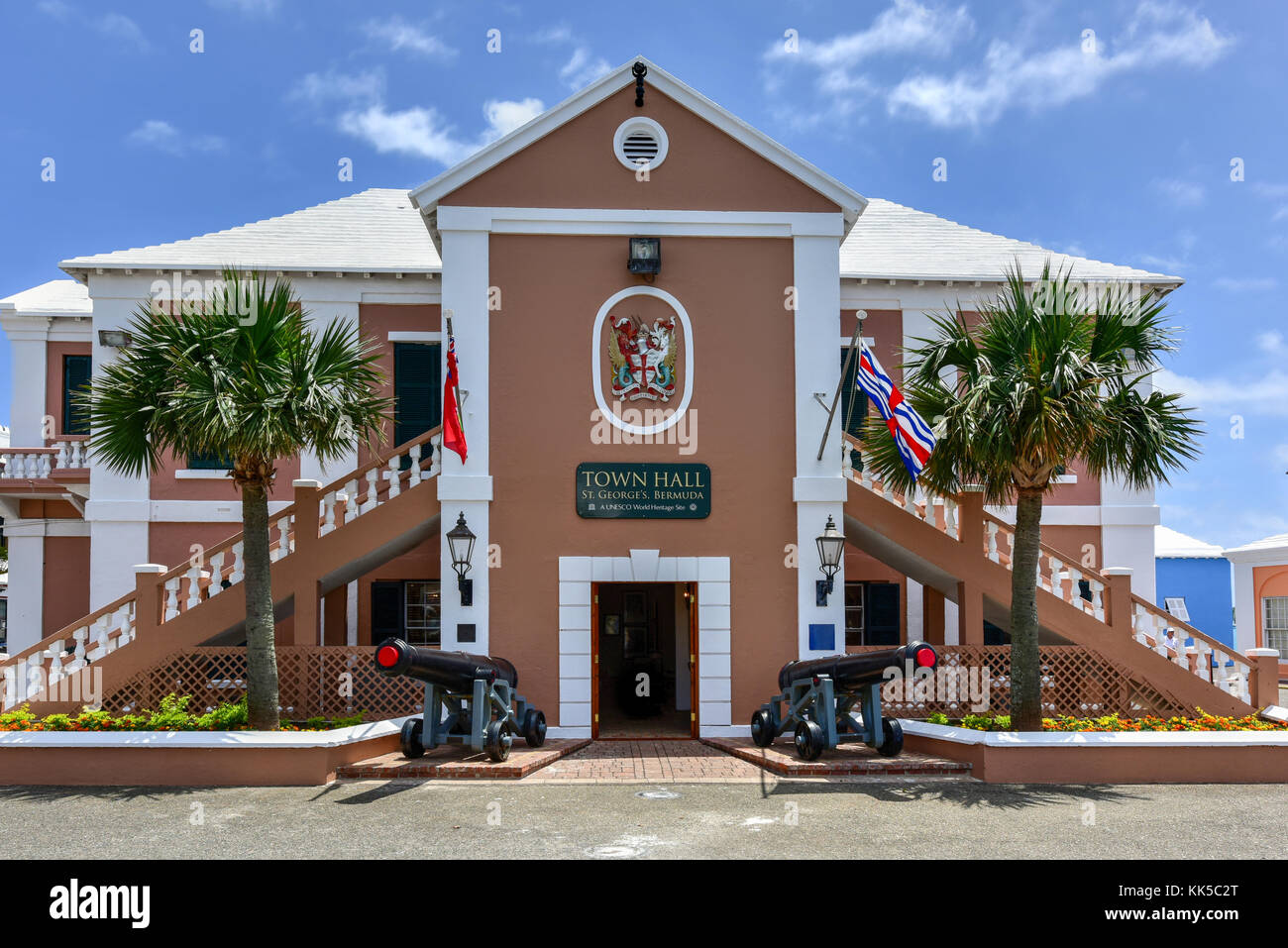 Saint George's Town Hall located at the eastern side of King's Square in St. Georges Bermuda. The building was originally constructed in 1782 during t Stock Photo