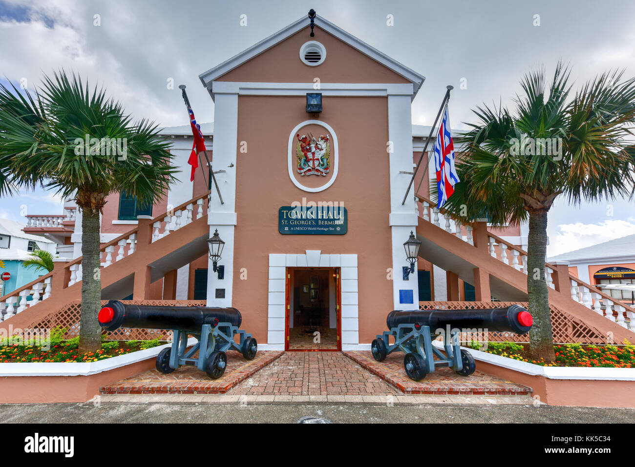 Saint George's Town Hall located at the eastern side of King's Square in St. Georges Bermuda. The building was originally constructed in 1782 during t Stock Photo