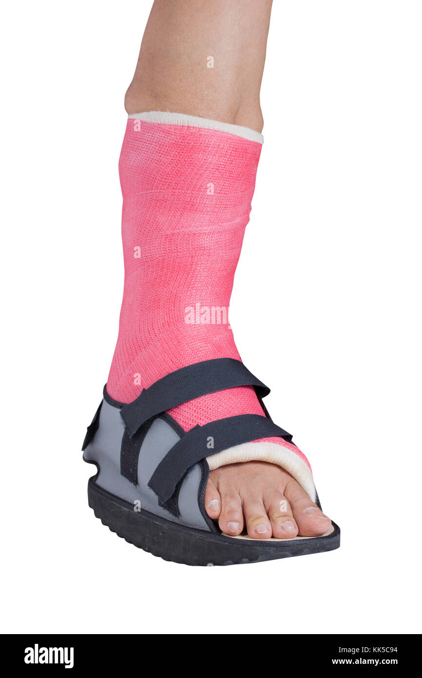 Foot splint treatment of injuries from ankle sprain, isolated on white
